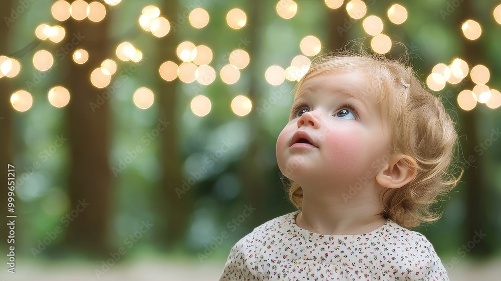 Child gazing upwards in a serene setting with sparkling lights in the background. Child gazing upwards in a serene setting with sparkling lights in the background.
