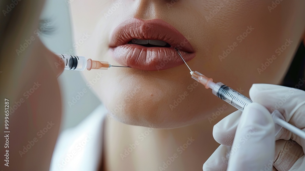 A beautiful model with flawless skin receiving lip filler injections from a doctor A beautiful model with flawless skin receiving lip filler injections from a doctor