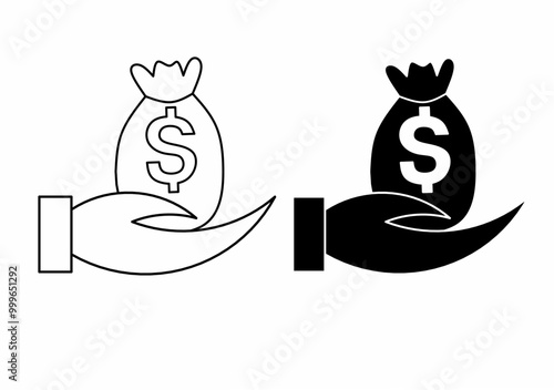 The image shows two simple icon designs of a hand holding a money bag with a dollar sign. One is outlined in black, and the other is filled in black, both with the same basic shape.