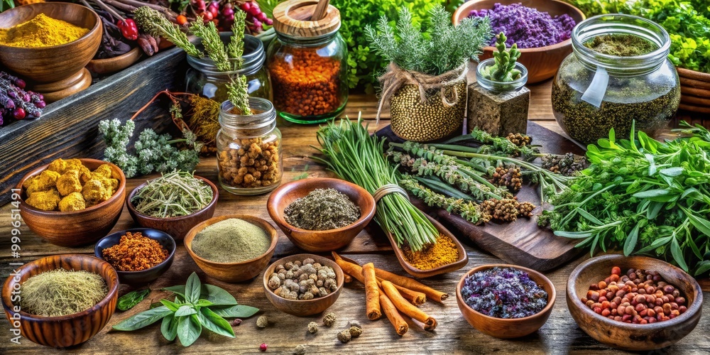 Fototapeta premium Explore our diverse collection of fresh and dried herbs, perfect for enhancing culinary creations and natural remedies in your kitchen. Elevate your cooking today!