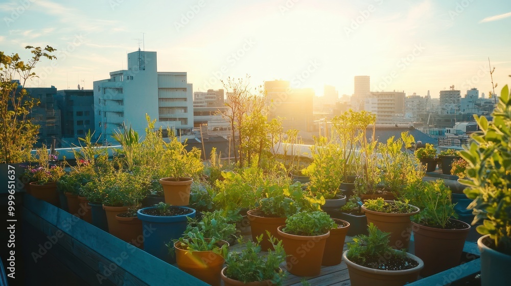 Fototapeta premium A rooftop garden filled with potted plants, bathed in sunlight during sunset.