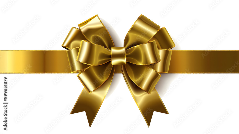 Golden bow and ribbon realistic illustration for Christmas and birthday decorations isolated on white background Golden bow and ribbon realistic illustration for Christmas and birthday decorations isolated on white background