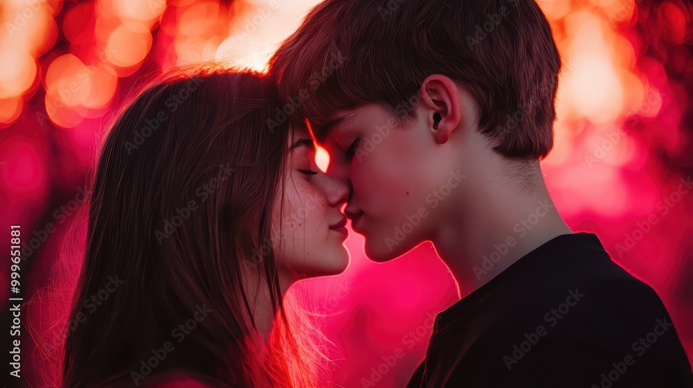 A romantic moment between two young lovers, softly illuminated by a vibrant sunset backdrop. A romantic moment between two young lovers, softly illuminated by a vibrant sunset backdrop.