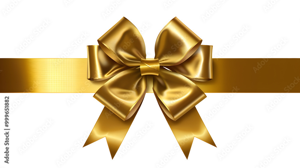 Golden bow and ribbon realistic illustration for Christmas and birthday decorations isolated on white background Golden bow and ribbon realistic illustration for Christmas and birthday decorations isolated on white background