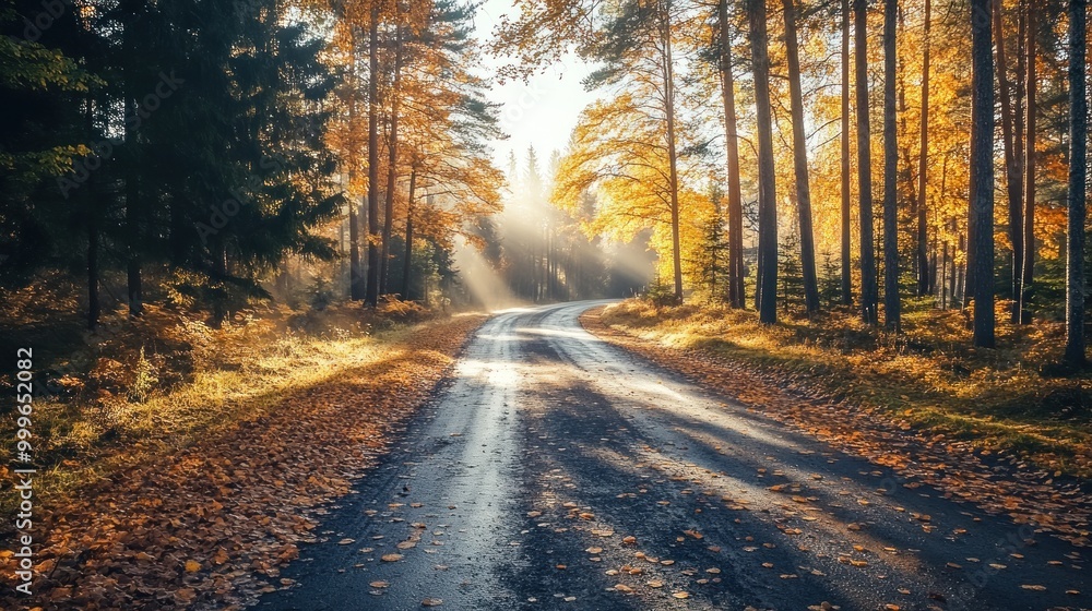 Fototapeta premium A serene autumn road lined with trees, illuminated by soft sunlight and fallen leaves.