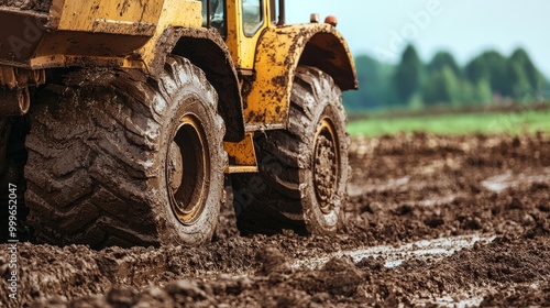 Heavy machinery tire on muddy farm ground, clear blue sky in background.