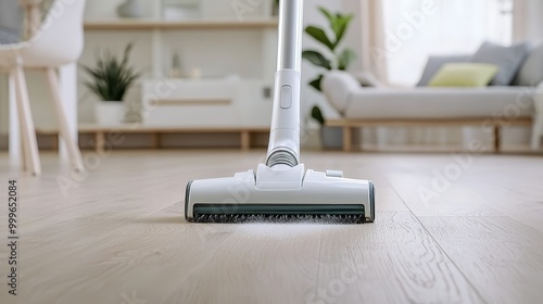 Wallpaper Mural Modern vacuum cleaner on wooden floor, stylish living room in background. Torontodigital.ca