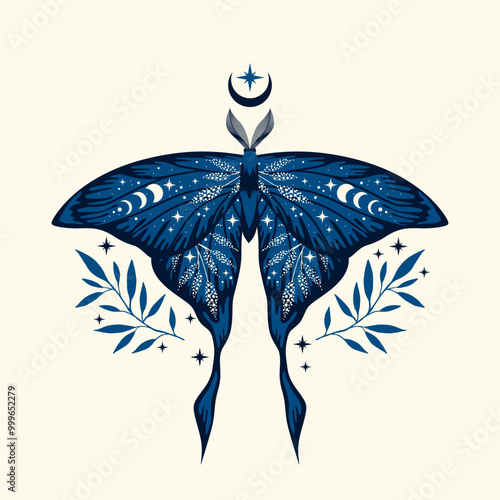 Blue moth vector illustration. Magic moon, occult, print, poster, tattoo.