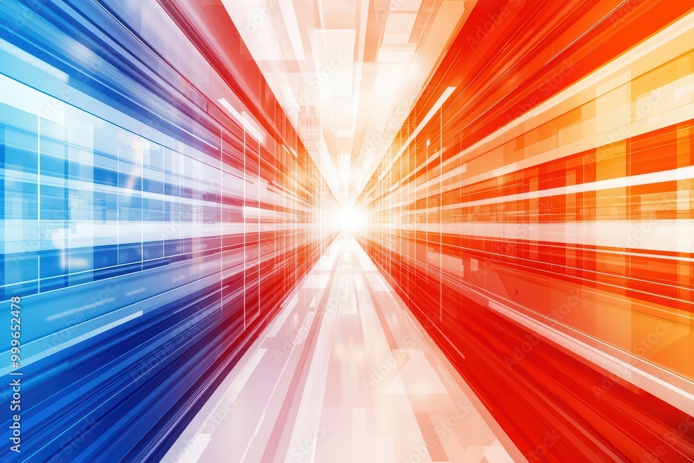 Abstract motion blur background with vibrant colors in red and blue converging towards a bright center light. Abstract motion blur background with vibrant colors in red and blue converging towards a bright center light.