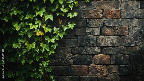 Vintage Gothic Wall Covered with Ivy in Blue Hue - Architectural Detail of Ancient Stone Brick Structure photo