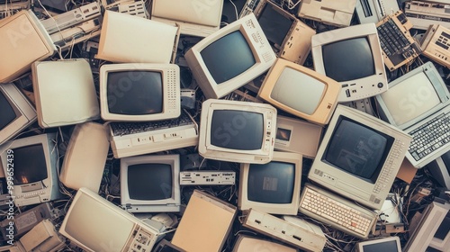 Vintage computer monitors piled together on a textured surface.