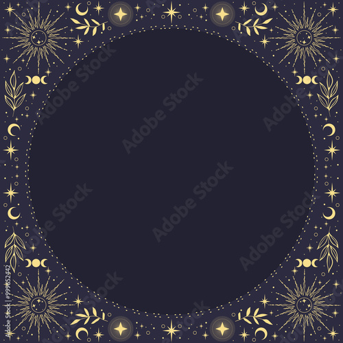 Magic vector frame with sun, plants, moon, stars and constellations. Mystic frame for tarot, esoteric, astrology design. Template for poster and prints.