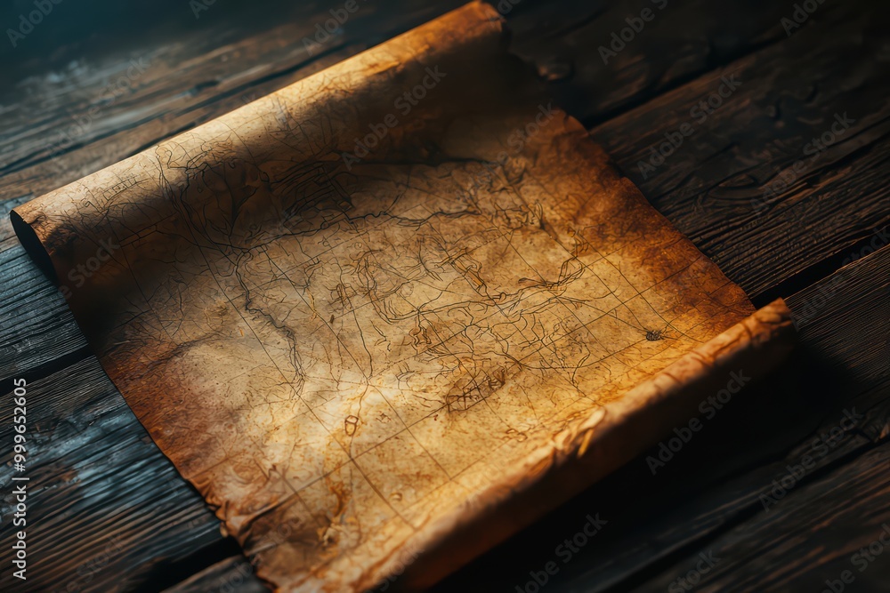 Ancient parchment map displaying intricate geographic details, illuminated by soft light. Ancient parchment map displaying intricate geographic details, illuminated by soft light.