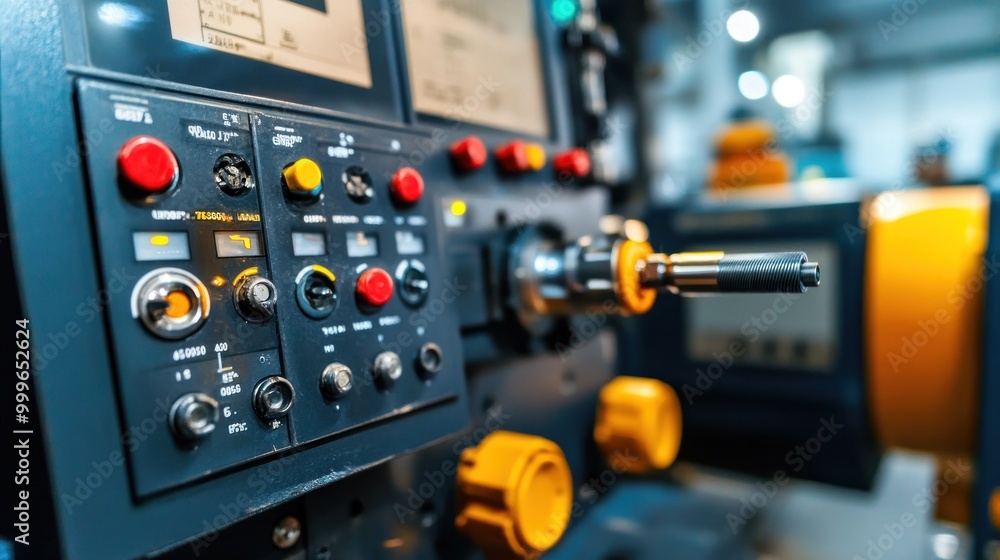 Close-up of industrial control panel with buttons and dials for machinery operation. Close-up of industrial control panel with buttons and dials for machinery operation.