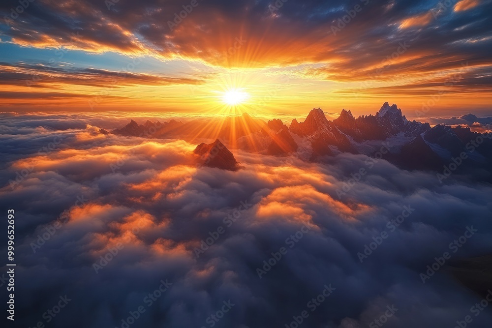 A breathtaking sunrise over a mountain range, casting light through clouds. A breathtaking sunrise over a mountain range, casting light through clouds.