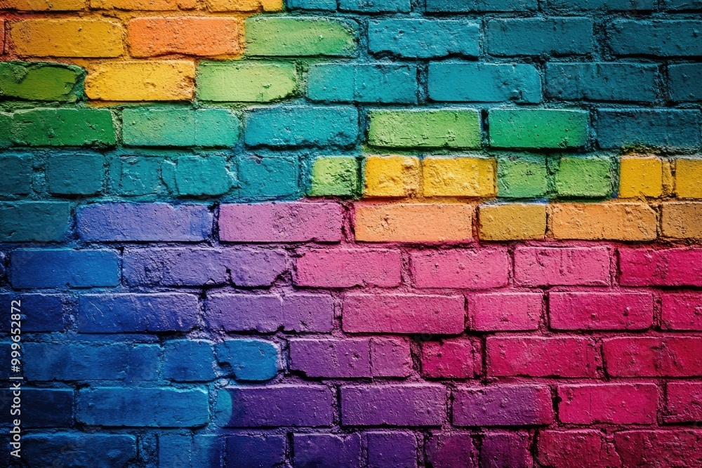Fototapeta premium Textured rainbow graffiti on a rough brick wall, bold colors blending unevenly