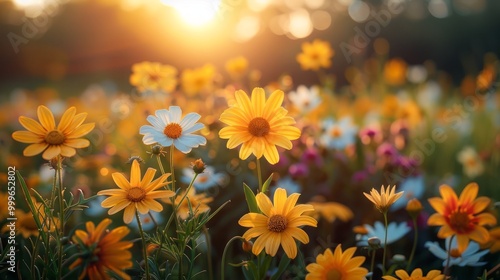 Flower field in sunlight, spring or summer garden background in closeup macro view or flowers meadow field in morning light