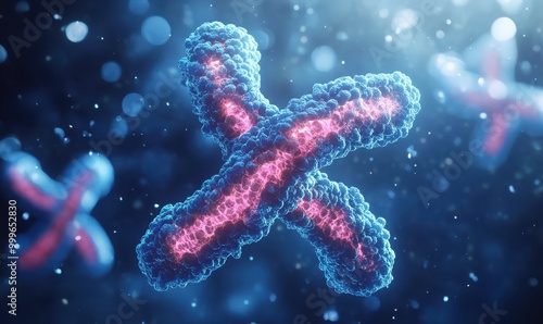 X and Y Chromosome on blue background. Chromosomes with DNA helix inside under microscope. Human chromosome. Illustration X and Y chromosome photo