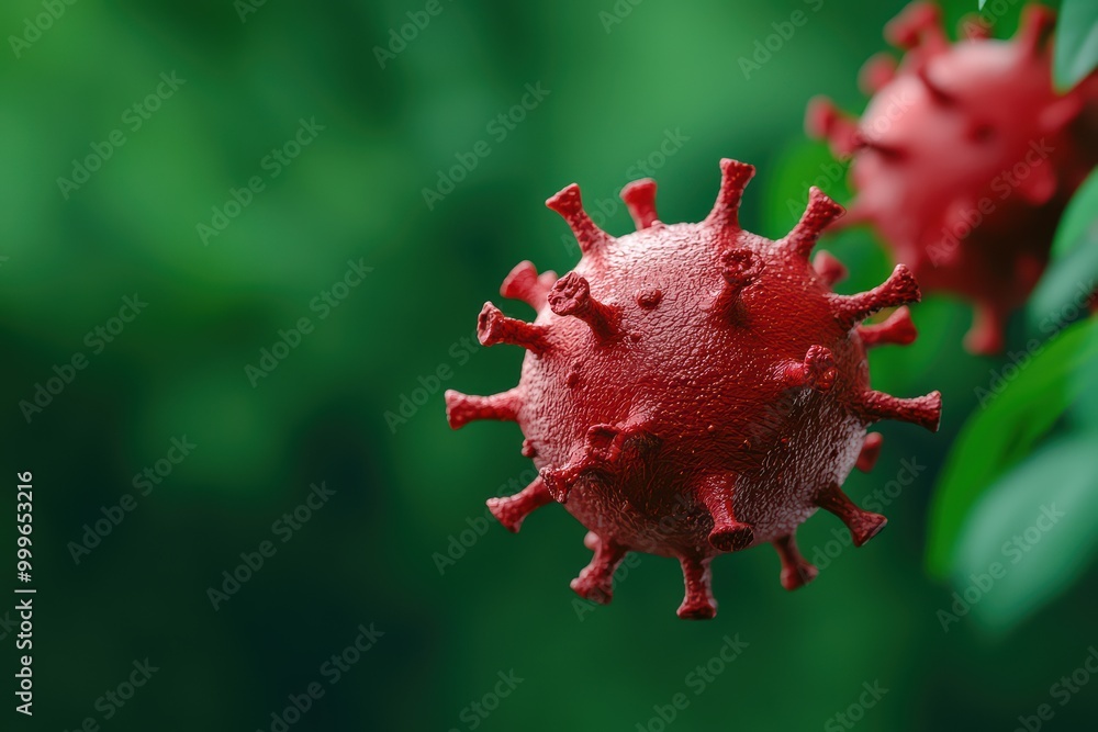 Close-up of a red virus model, depicting microscopic details against a lush green background. Close-up of a red virus model, depicting microscopic details against a lush green background.