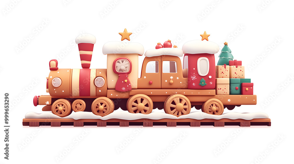 Naklejka premium Festive Christmas gingerbread train cookie decorated with colorful icing isolated on white 
