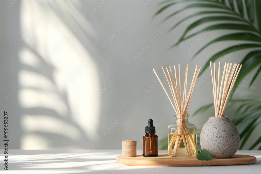Fototapeta premium Relaxing Spa Atmosphere. Aromatherapy Sticks and Oils for a Therapeutic Experience