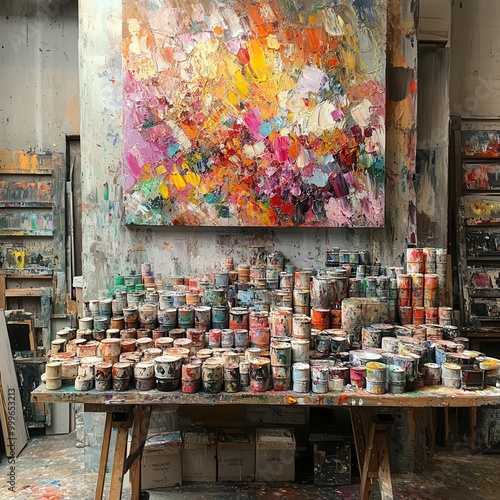 Colorful Art Studio with Paint Cans and Abstract Canvas