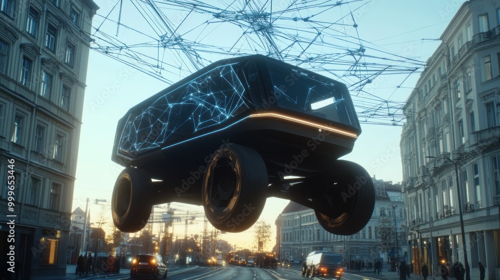 Fototapeta premium A futuristic flying vehicle hovering in an urban setting with a network of connections above.