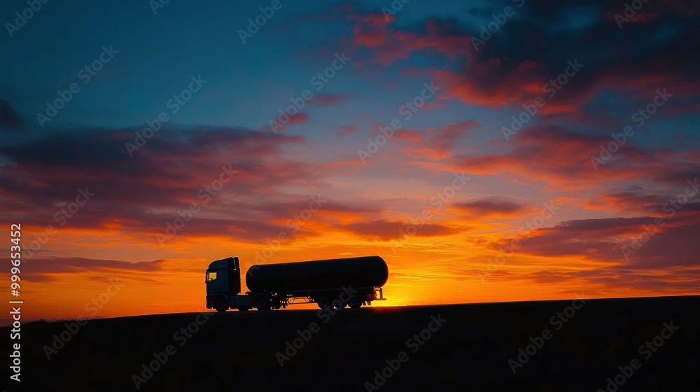 A silhouette of a truck against a vibrant sunset sky. A silhouette of a truck against a vibrant sunset sky.