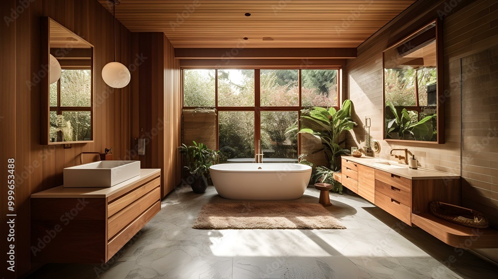 Luxurious Modern Bathroom Interior with Natural View, Freestanding Bathtub, Wooden Elements, and Greenery in Serene Atmosphere. Luxurious Modern Bathroom Interior with Natural View, Freestanding Bathtub, Wooden Elements, and Greenery in Serene Atmosphere.