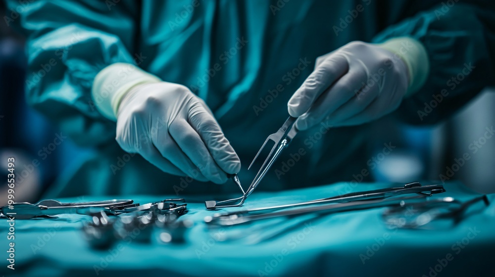 A gloved hand holds a surgical instrument, with other instruments scattered on a blue table. A gloved hand holds a surgical instrument, with other instruments scattered on a blue table.