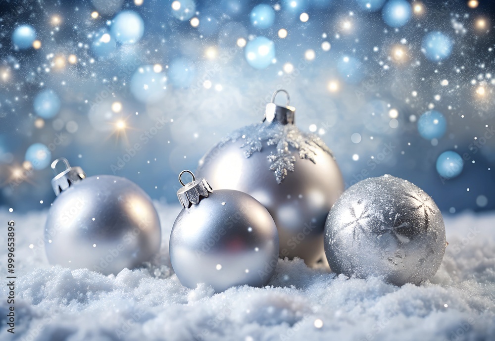 Beautiful silver Christmas balls on a snowy background with festive bokeh lights. Ideal for Christmas decorations, holiday greetings, and winter-themed designs. Beautiful silver Christmas balls on a snowy background with festive bokeh lights. Ideal for Christmas decorations, holiday greetings, and winter-themed designs.