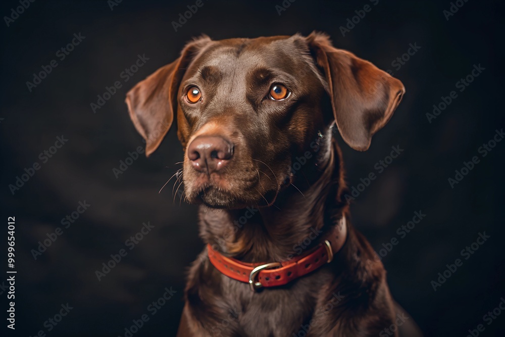A portrait of a brown dog with a red collar, staring ahead attentively. Ideal for pet portraits, animal-themed designs, and realistic pet photography. A portrait of a brown dog with a red collar, staring ahead attentively. Ideal for pet portraits, animal-themed designs, and realistic pet photography.
