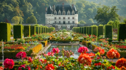 French formal garden in Chateau de Villandry, France, Loire Valley