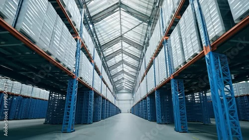 wide shot reveals expansive empty warehouse filled rows metal lves showcasing architectural design large modern industrial building emphasizing functionality steel structures sorting center photo