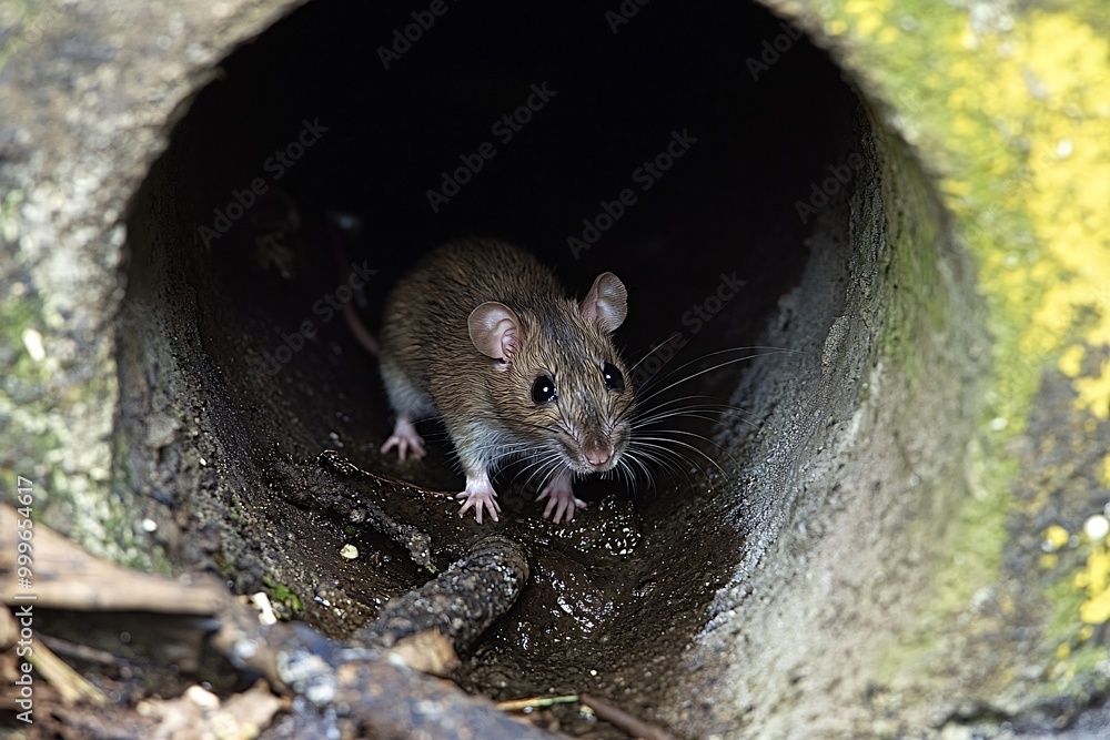 Curious brown rat emerges from a dark sewer pipe in the city streets, highlighting the dangers of poor hygiene and disease spread Curious brown rat emerges from a dark sewer pipe in the city streets, highlighting the dangers of poor hygiene and disease spread