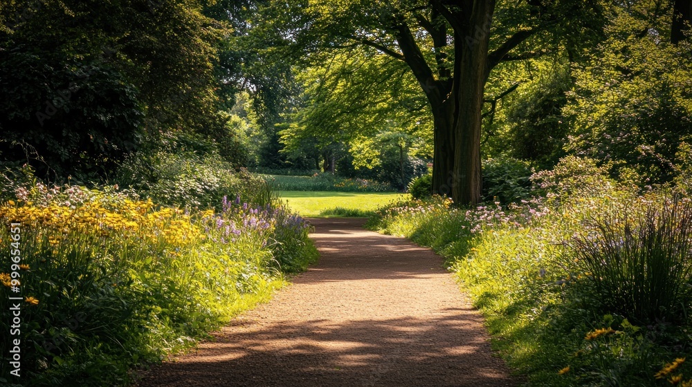 A serene pathway through a lush garden, surrounded by vibrant flowers and trees. A serene pathway through a lush garden, surrounded by vibrant flowers and trees.