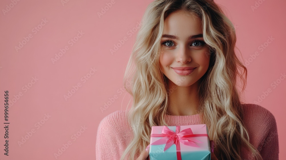 A smiling woman holds a gift box against a pink background, radiating joy and celebration. A smiling woman holds a gift box against a pink background, radiating joy and celebration.