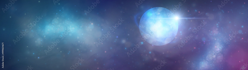 Fototapeta premium Realistic planet with liquid surface texture. Vector spatial horizontal illustration of blue planet in space. Planet view from satellite in outer space.