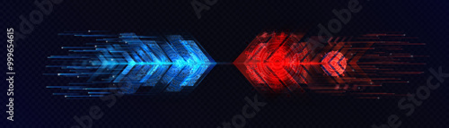Direction of light arrow, opposition of two forces. Template of light arrow of blue and red glow to determine direction. Vector on transparent background