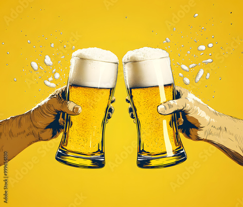 Dynamic International Beer Day Celebration with Hand-Drawn Toasting Beer Glasses on Vibrant Yellow Background photo