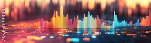 Vibrant digital visualization showcasing data trends with colorful bars and lines against a blurred city background.