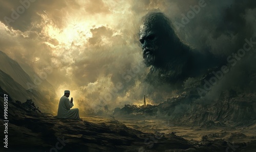 Man prays before a looming giant in a wasteland. photo