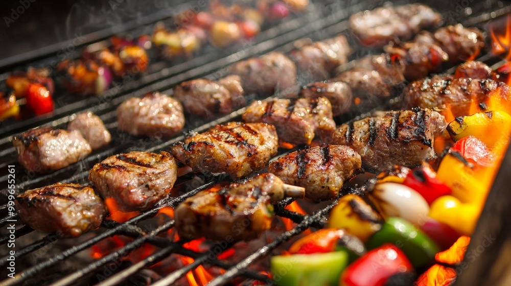 Close-up of Grilled Meat Skewers and Vegetables on Barbecue Grill Outdoors Close-up of Grilled Meat Skewers and Vegetables on Barbecue Grill Outdoors