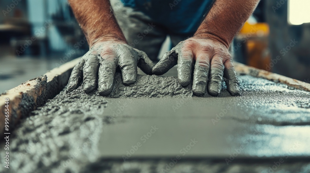 A person smoothing wet concrete on a construction site for a building project. A person smoothing wet concrete on a construction site for a building project.