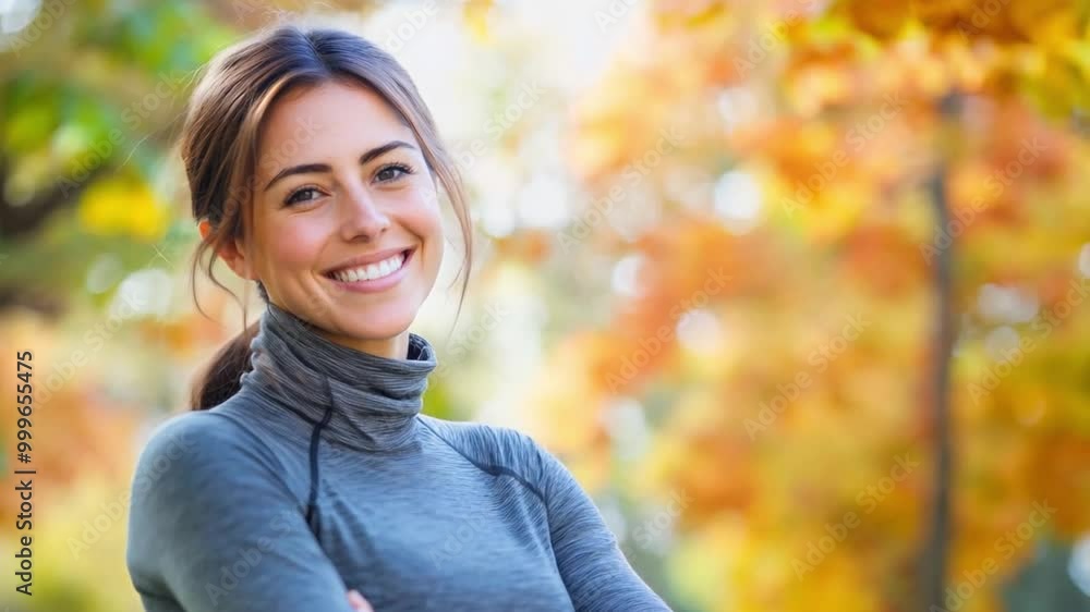 Smiling young woman with a ponytail enjoys a sunny autumn day in a vibrant park surrounded by colorful foliage Smiling young woman with a ponytail enjoys a sunny autumn day in a vibrant park surrounded by colorful foliage