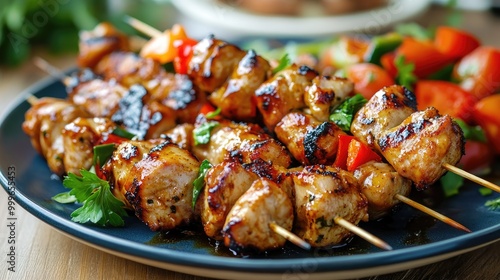 Delicious honey chicken skewers, juicy and slightly charred, on a plate.