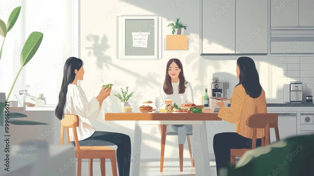 Vector of Group Of Female Friends talking and eating In Lunch Restaurant,Small girl group party,people busy talk smile eat brunch food drink in cafe,sitting and chatting,enjoy,happy time,friendship. Vector of Group Of Female Friends talking and eating In Lunch Restaurant,Small girl group party,people busy talk smile eat brunch food drink in cafe,sitting and chatting,enjoy,happy time,friendship.