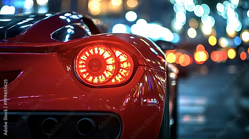 Red sports car speeds through city streets at night, its taillights glowing brightly. The luxurious vehicle exudes power and style, capturing the essence of adventure and freedom Red sports car speeds through city streets at night, its taillights glowing brightly. The luxurious vehicle exudes power and style, capturing the essence of adventure and freedom