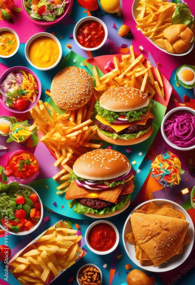 vibrant display colorful fast food items showcasing diverse tastes visual appeal food enthusiasts, burger, pizza, fries, hotdog, sandwich, taco, nachos vibrant display colorful fast food items showcasing diverse tastes visual appeal food enthusiasts, burger, pizza, fries, hotdog, sandwich, taco, nachos