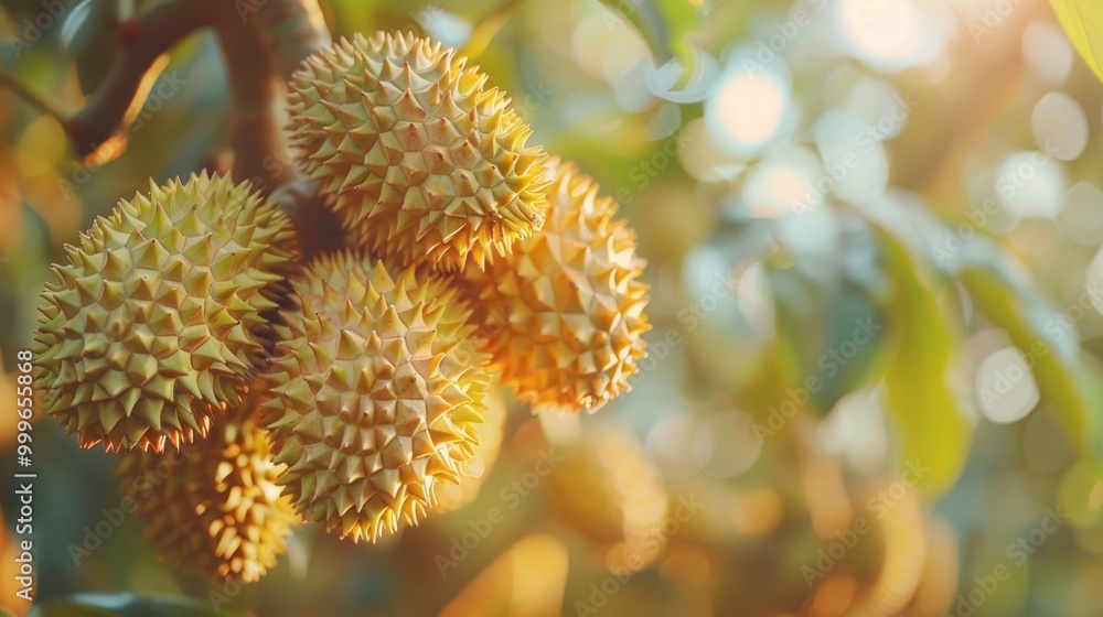 Fresh musang king durian on tree in orchard, tropical fruit.